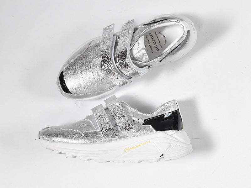 0001 Round Toe Double Velcro High tech Leather Sneakers AL2551SN Silvercombi 木型 . C1699