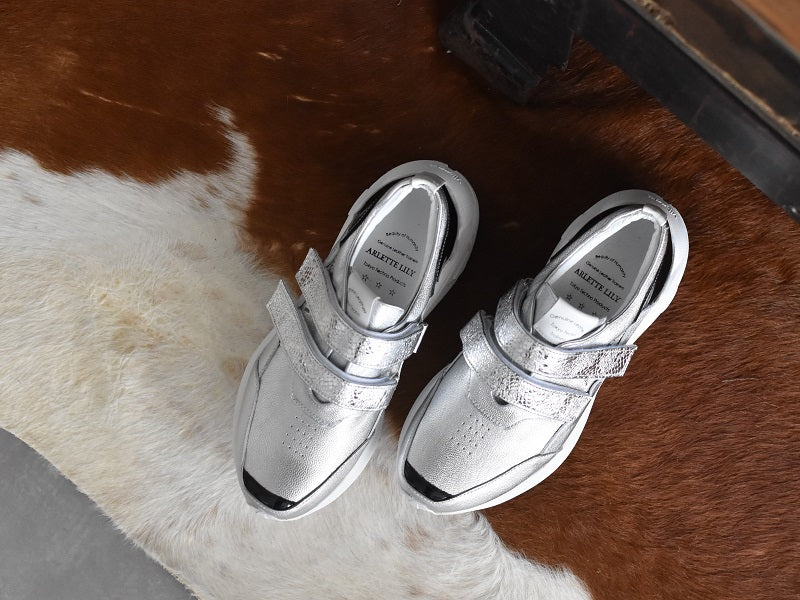 0001 Round Toe Double Velcro High tech Leather Sneakers AL2551SN Silvercombi 木型 . C1699
