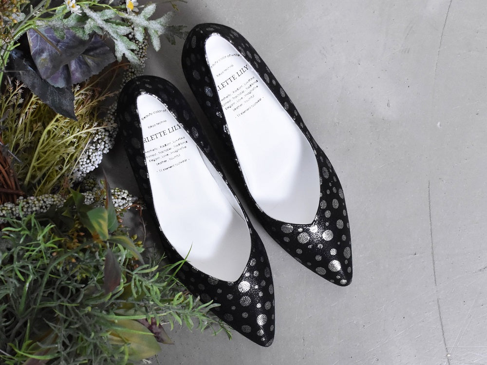 1022 ポインテッドVカットプレーンパンプス AL1801P Black Polkadot 木型No.X1395